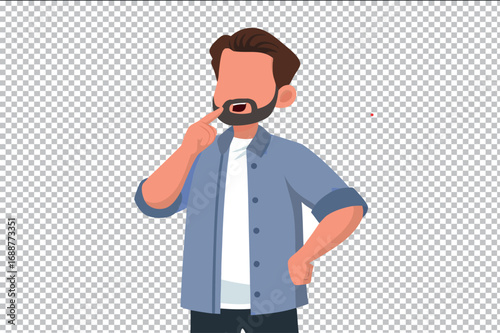 Thinking Businessman. Vector cartoon illustration of bearded man in casual shirt thinking with hand on chin. Transparent background, editable file.
