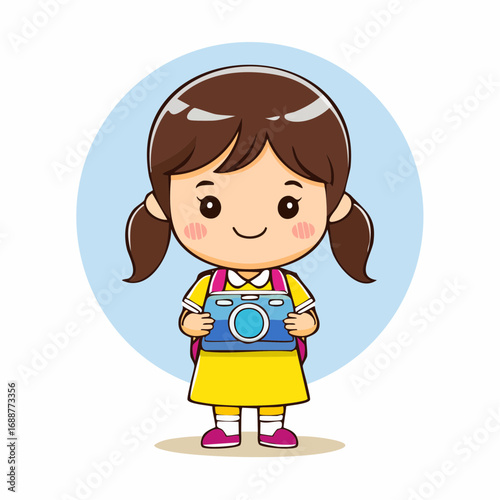 kid girl holding camera hand drawn cartoon character