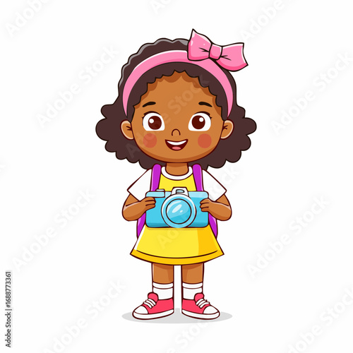 kid girl holding camera hand drawn cartoon character illustration