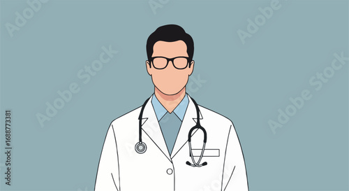 Professional male doctor illustration wearing a white lab coat, stethoscope, and glasses, symbolizing healthcare, medicine, and wellness.