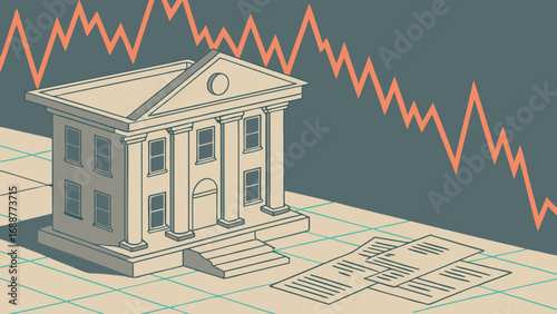 Financial Crisis Illustration Bank Building with Decreasing Stock Market Graph and Documents.