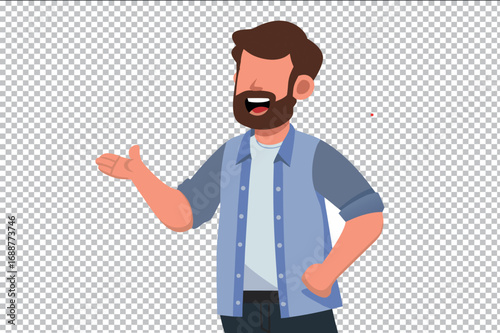Confident Businessman Presentation. Vector cartoon illustration of bearded man smiling while making hand gestures during presentation. Transparent background, editable file.