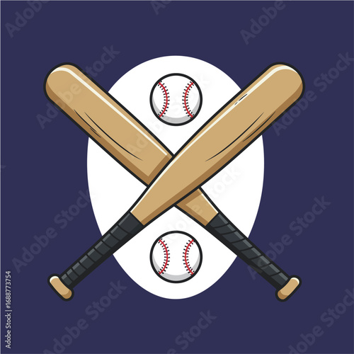 Crossed baseball bats and balls, classic sports emblem design.