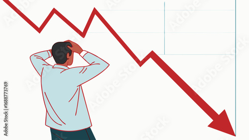 Financial Crisis Illustration Person Reacting to Negative Trend Chart Showing Downward Arrow.