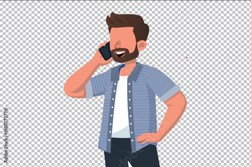 Casual Businessman Phone Call. Vector cartoon illustration of bearded man in casual shirt making phone call with hand on hip. Transparent background, editable file.