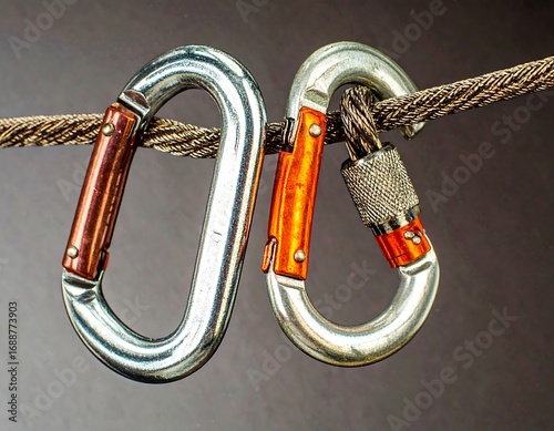 Metal climbing carabiners on a cable (1)