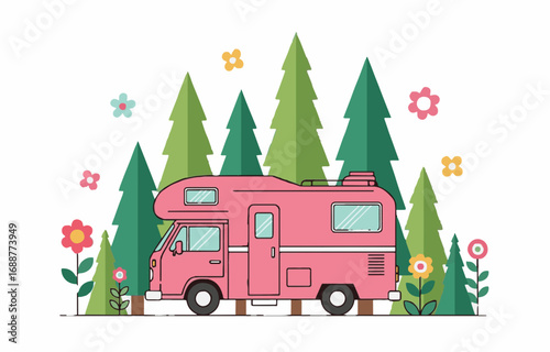 Pink camper van illustration for outdoor travel and nature adventure. Stylized recreational vehicle in forest with flowers, flat design vector art.