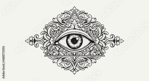Detailed Ornamental Eye Symbol with Intricate Vintage Scrollwork Design, Mystical and Spiritual Vision Illustration