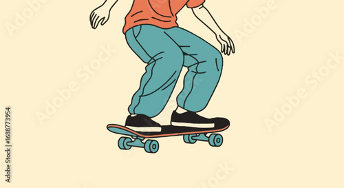 Dynamic hand-drawn style illustration of a person skateboarding, showcasing youth culture, sport, and active lifestyle with flat colors.