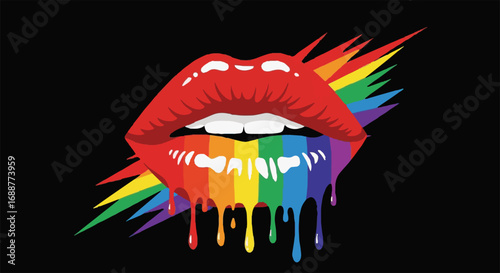Vibrant red lips with colorful rainbow drip, splash effect, and lightning bolt on black background, symbolizing pride and self-expression.