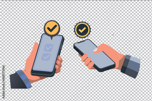 Mobile App Checklist. Vector cartoon illustration of hand holding smartphone with tick mark icons for completed tasks. Transparent background, editable file.