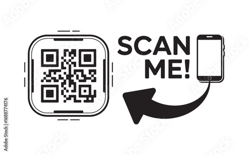 Vector graphic illustrating the action of scanning a QR code with a mobile phone. This simple black line art icon with the text Scan Me! is perfect for advertising and user interface design 