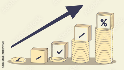 Financial Growth Investment Return on Investment Profit Success Upward Trend Percentage Increase Money Coins Stacks Check Marks Dollar Sign Business Economy Finance Banking Wealth Accumulation Growth.