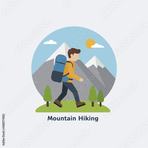 A flat design illustration of a man with a backpack hiking in the mountains on a sunny day.