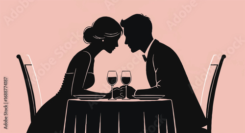 Romantic dinner date for a silhouetted couple, showing intimacy, love, and connection. Elegant evening out illustration.