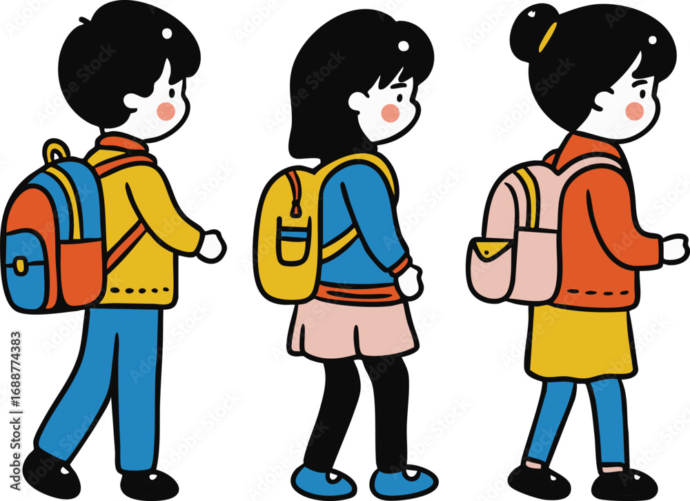 Fototapeta premium School Kids with Backpacks - Cartoon Children Walking to School Vector Illustration