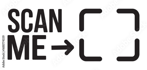 A minimalist black and white vector graphic with a 'Scan Me' call to action text, an arrow, and a scanner frame icon for digital interaction