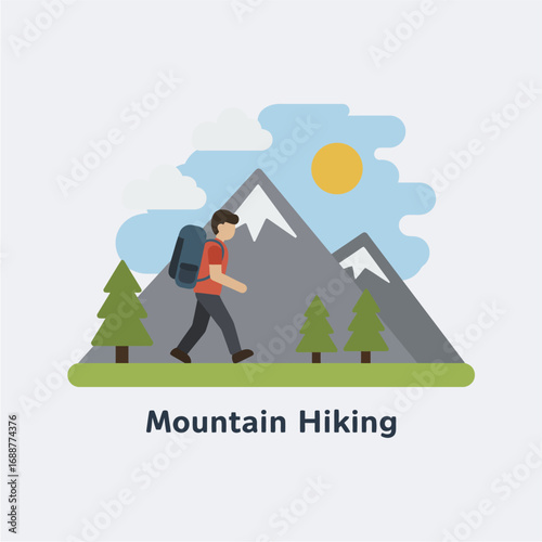 A man with a large backpack enjoys a sunny day of mountain hiking on a trail with pine trees and snowy peaks.