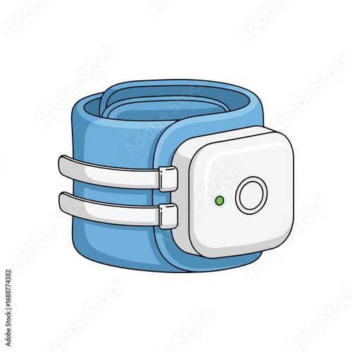 A light blue wearable wristband with a white square device featuring a green indicator light and a circular button.