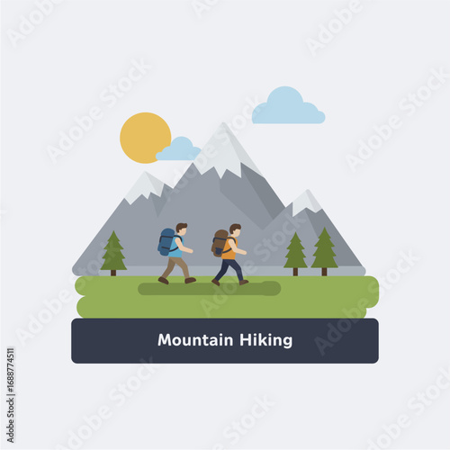Two hikers with backpacks walk along a trail in a scenic mountain landscape with a sun and clouds.