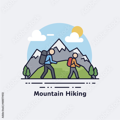 An illustration of an adult and a child with backpacks hiking on a mountain trail on a sunny day.