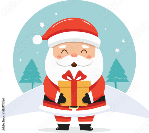 Cute cartoon vector illustration of Santa Claus holding a gift box, set against a snowy winter background with pine trees