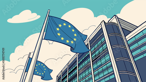 Flags waving in front of a modern building under a cloudy sky.