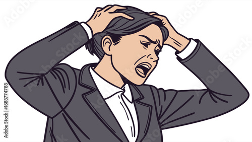 Frustrated businesswoman stressed overwhelmed anxiety problem solving business difficulties vector illustration graphic design office worker professional emotion feeling expression portrait character.