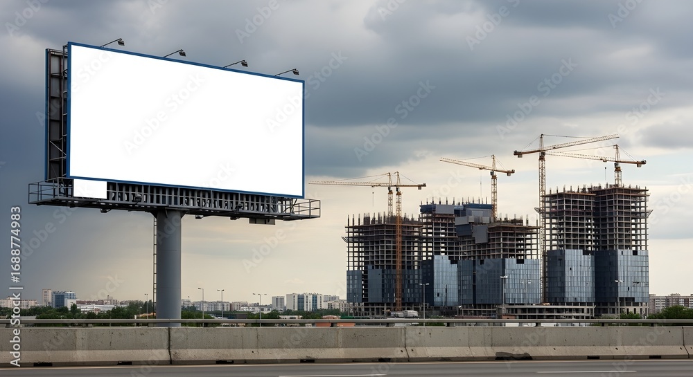 Fototapeta premium Billboard And Construction Site Under Cloudy Sky