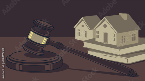 Gavel House Models and Books Legal Concept Illustration for Real Estate Law and Property.