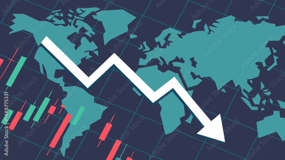 Fototapeta premium Global Market Decline Financial Crisis Economic Downturn Stock Market Crash World Map Candlestick Chart Business Graph Recession Depression Investment Risk Global Economy Financial Instability Tradin.