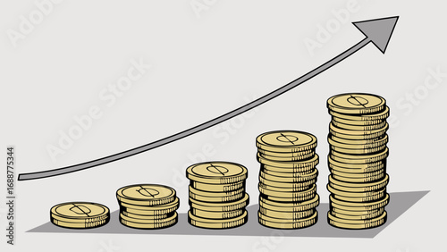 Growing stacks of coins with upward arrow showing financial growth and success.