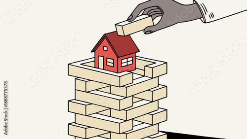 Hand placing block on top of a house model on a Jenga-like tower concept of building construction risk stability.