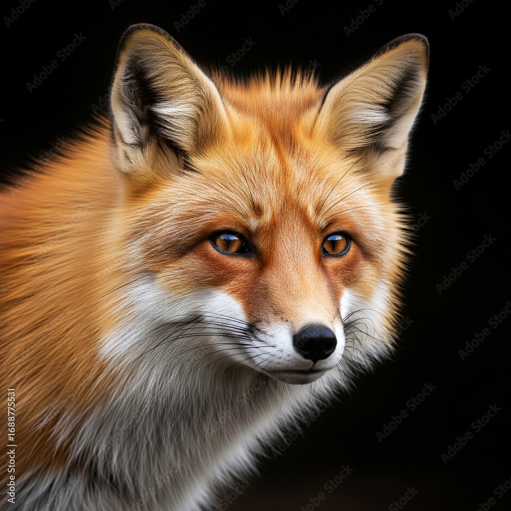 Fototapeta premium Beautiful Red Fox Wildlife Portrait Against Black Background