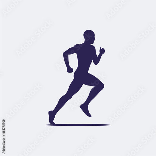 A stylized dark blue silhouette of a muscular male runner actively sprinting in a dynamic pose.