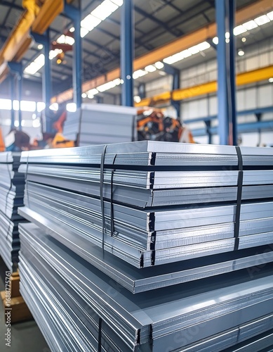 Steel sheets stacked in a factory