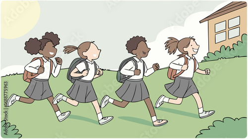 Happy children running to school cartoon illustration.