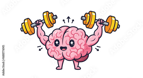 An Illustrated Cute Pink Brain Character Lifting Weights to Represent Brain Health and Mental Fitness