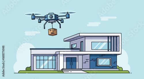 Automated drone delivery service efficiently brings a package to a modern residential home, symbolizing future e-commerce and swift logistics solutions