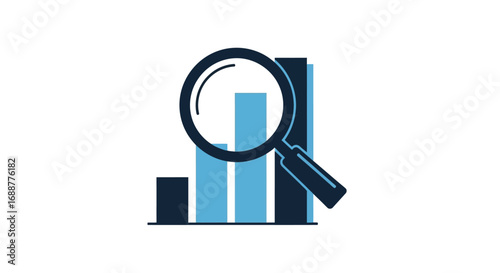 Conceptual illustration of data analysis and business intelligence with a magnifying glass scrutinizing a bar chart for market research