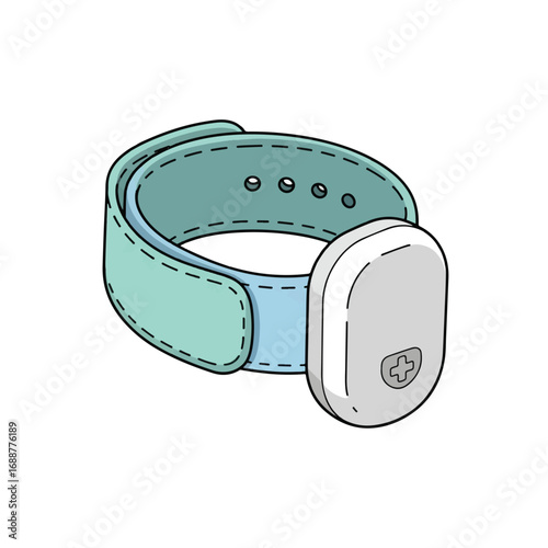 A cartoon illustration of a light blue wristband with a white medical alert tag attached.