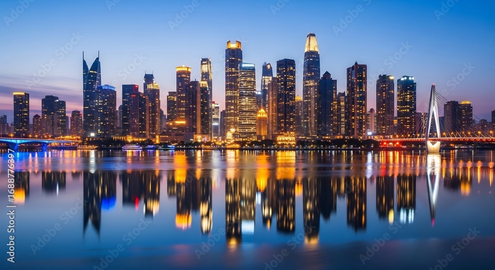 Fototapeta premium Cityscape Reflections: Vibrant Night Metropolis by Water