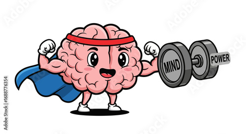 Mind Power Cartoon Brain Lifting Weights for Mental Fitness and Cognitive Enhancement