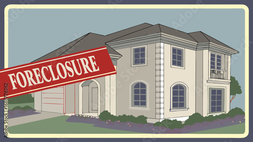 House Foreclosure Illustration Real Estate Property Auction Bank Repossession Financial Crisis Home Sale Debt Mortgage Bankruptcy Auction Housing Market Investment Property Residential Building Archi.