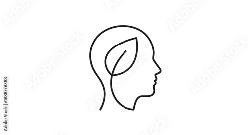 A minimalist line icon representing green thinking, mental wellness, and a sustainable mindset with a leaf in a human head