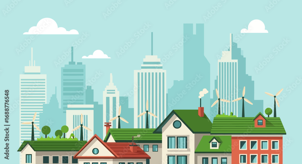 Obraz premium Sustainable Cityscape Eco-Friendly Homes and Wind Turbines in a Modern Urban Landscape
