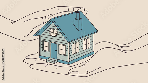 House Protection Safe Home Hands Holding Miniature House Homeownership Real Estate Concept Illustration.