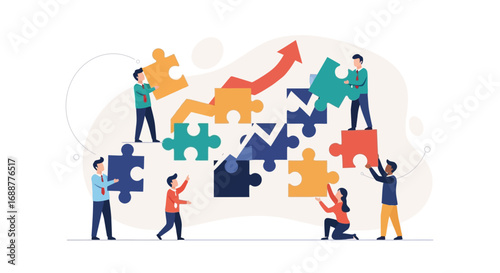 Teamwork and collaboration building a successful business strategy with puzzle pieces and a rising graph