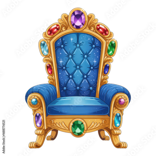 Ornate Royal Throne with Gemstone Accents and Blue Upholstery