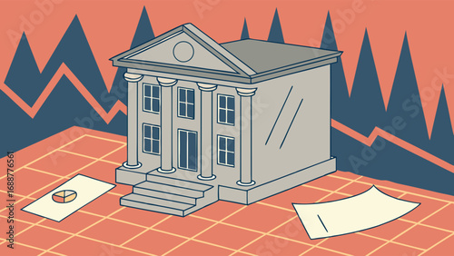 Illustration of a Bank Building with Financial Charts and Documents.